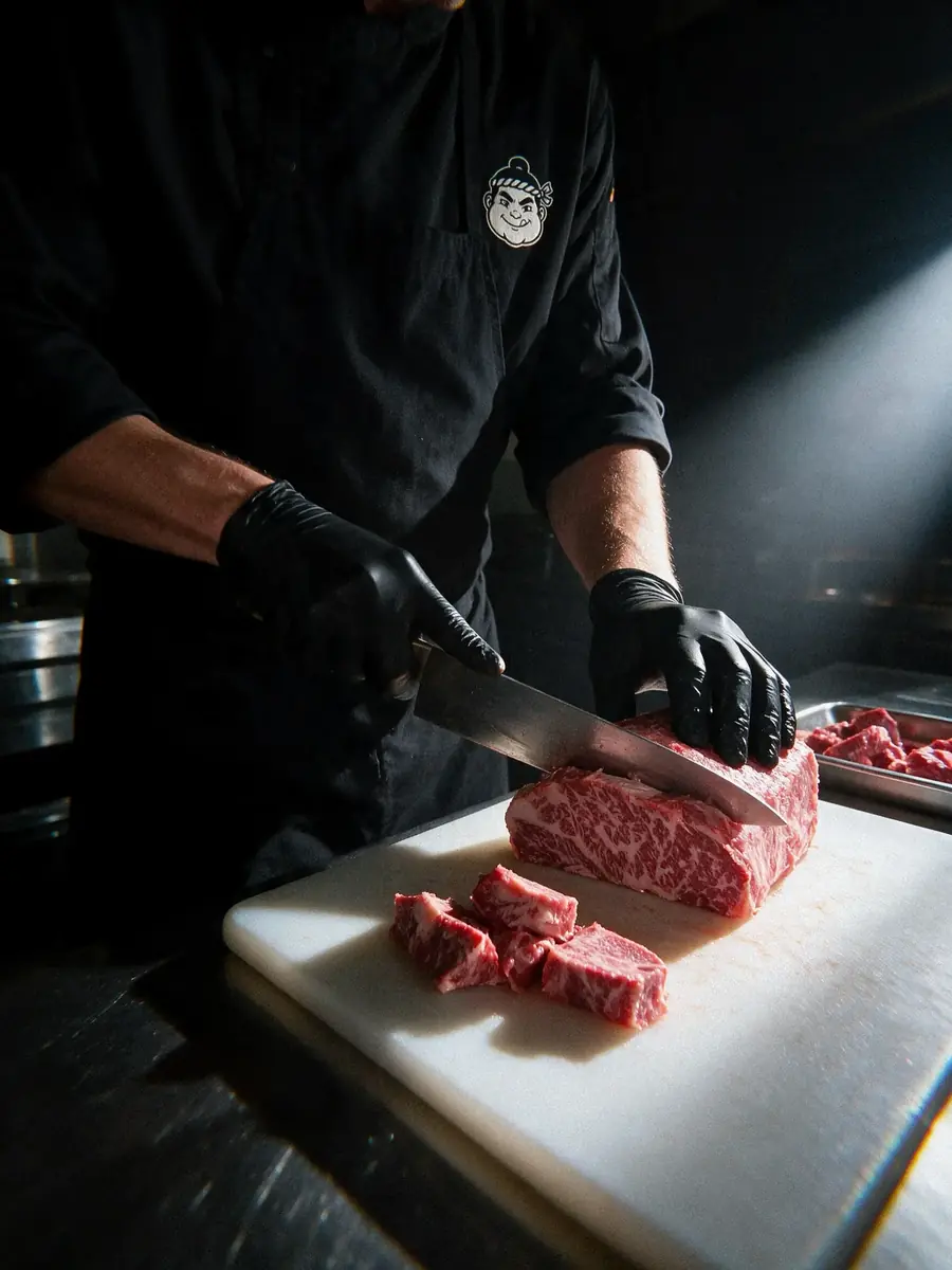 Cutting the wagyu
